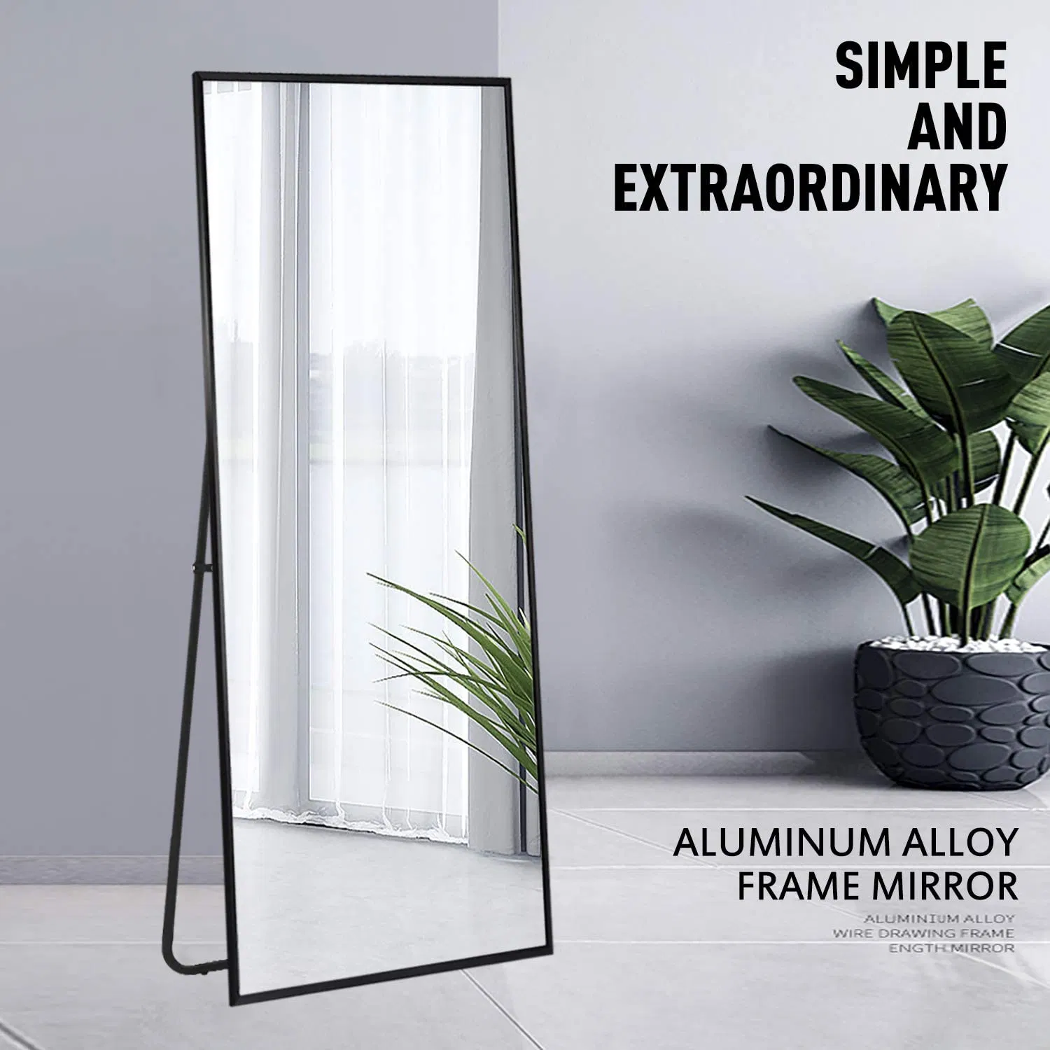 Jinghu Brand Home Decoration Furniture Black Rectangle Metal Frame Mirror Dressing Full Length Standing Floor Mirror with OEM Packaging
