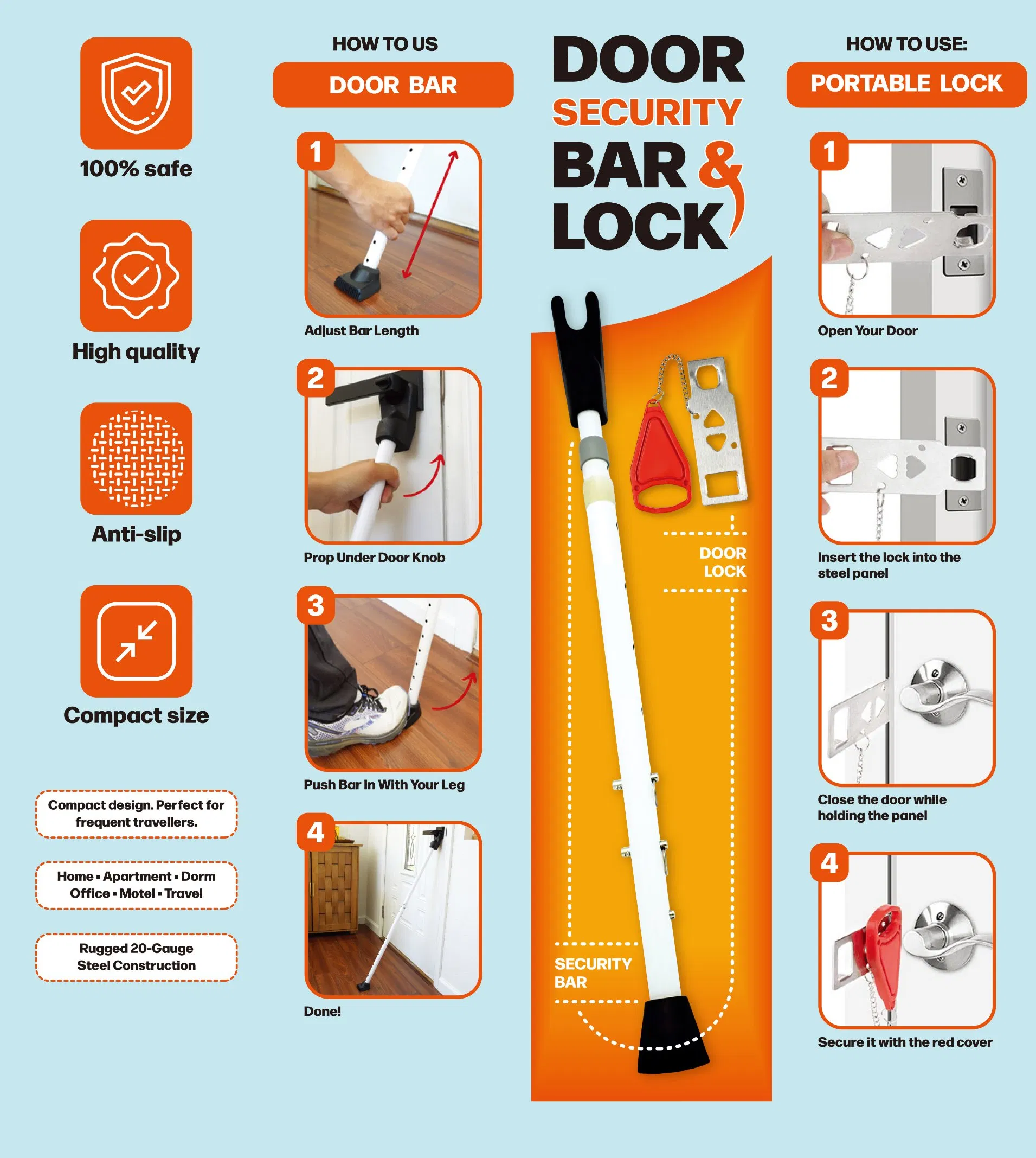 Door Security Bar & Sliding Patio Bar, Heavy Duty Stoppers, Door Knob, 2-in-1 Adjustable Jammer for Home, Apartment, Travel Door Portable Lock
