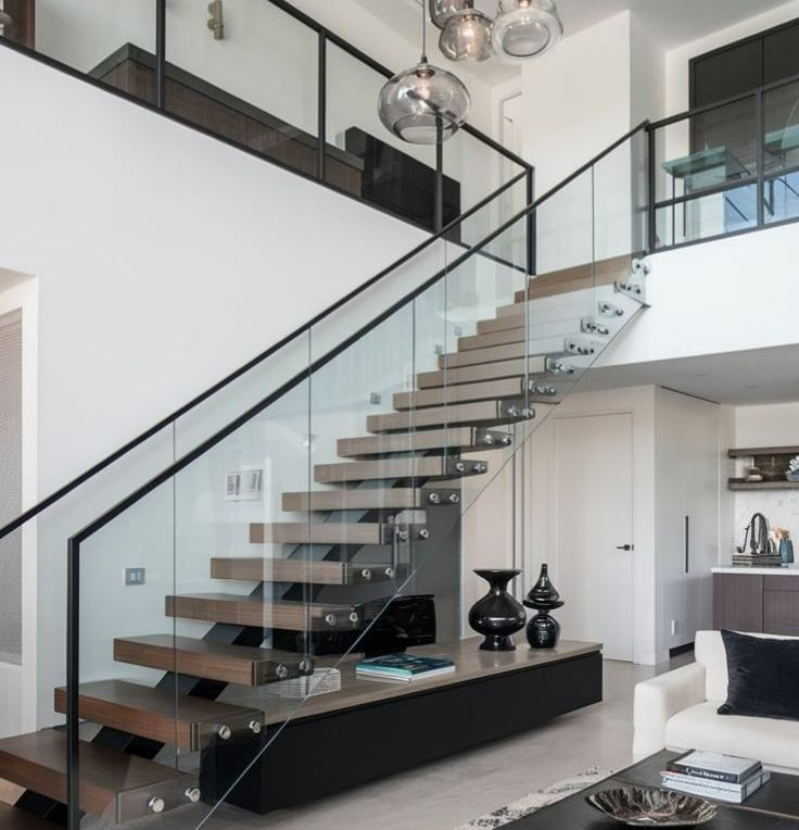 Black Powder Coated Mono Stringer Metal Straight Staircase Modern Indoor Steel Wooden Staircase with Glass Railing
