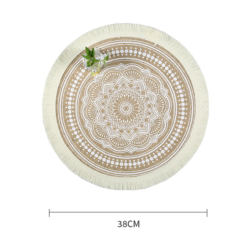 Fringed-Decorated Round Placemat, Eco-Friendly Natural-Colored Jute Vintage Screen Printing Pad