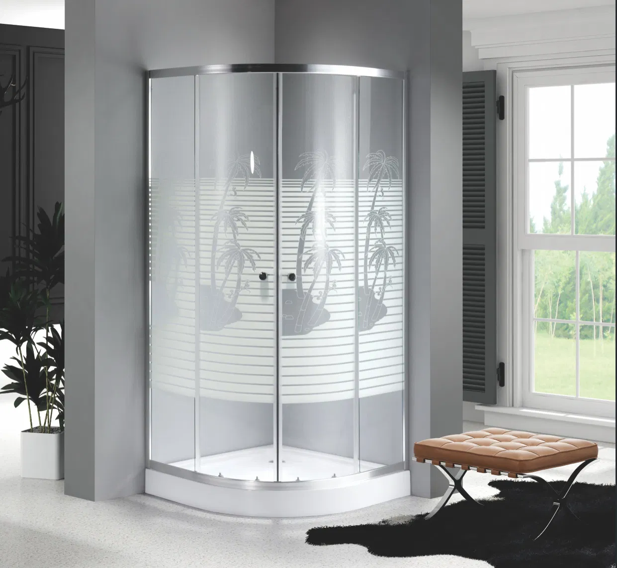 Tempered Glass Frame Black Shower Cabin with Mosaic Pattern Door