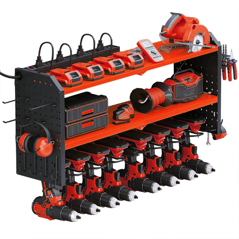 3 Layer Steel Metal Gardening Shelving Garage Power Tool Storage Rack Organizer Wall Mount with Charging Station