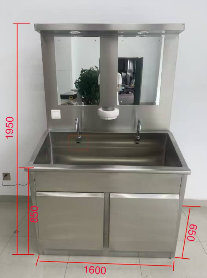 High Quality 304 Stainless Steel Knee Control Panel Scrub Hospital Sink with Mirror