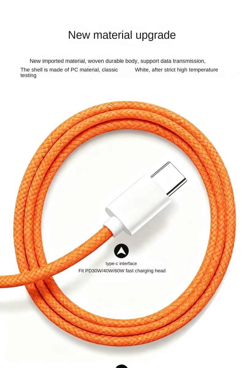 Кабель USB-C 60W оранжевый, нейлоновая оплетка