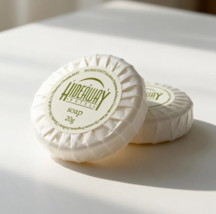 20g Round Hotel Guest Soap Wrapped in Laminated Paper with Custom Label
