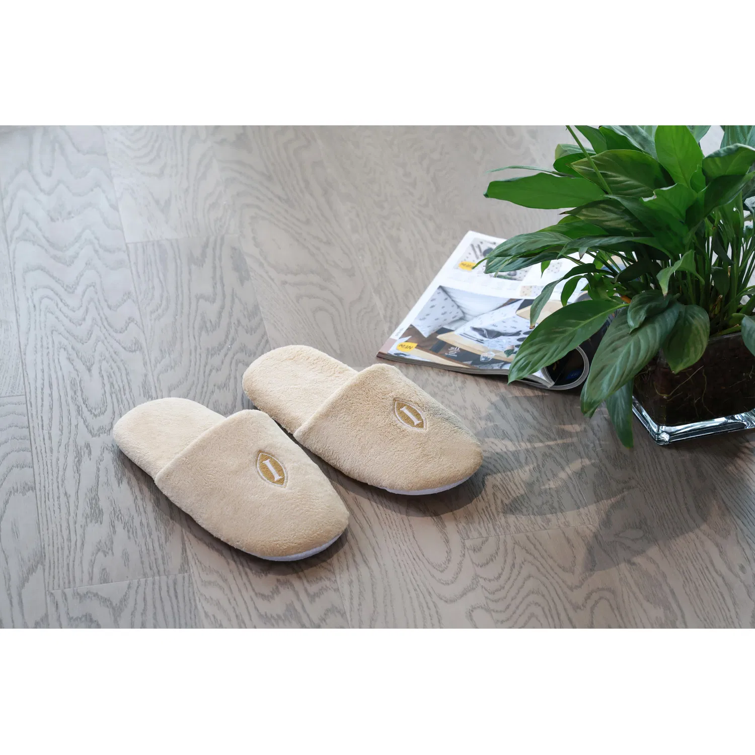 Closed-Toe Thickness-Sole Coral Fleece Slippers Fabric with Plastic DOT Sole for Hotel Resort SPA Purchase Customized