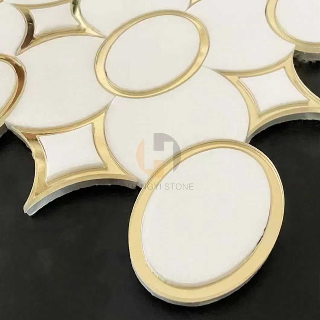 White Marble Mix Golden Glass Waterjet Stone Mosaic Tile Star Round