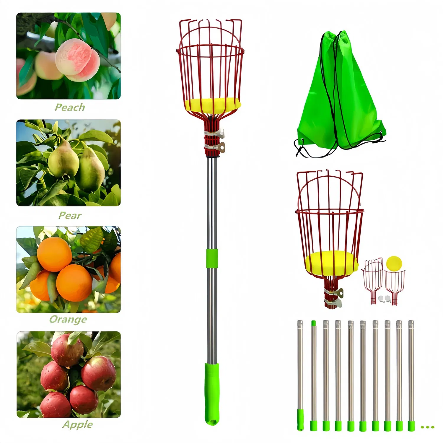 5.5-13FT Fruit Picker Tool with Basket and Stainless Steel Pole