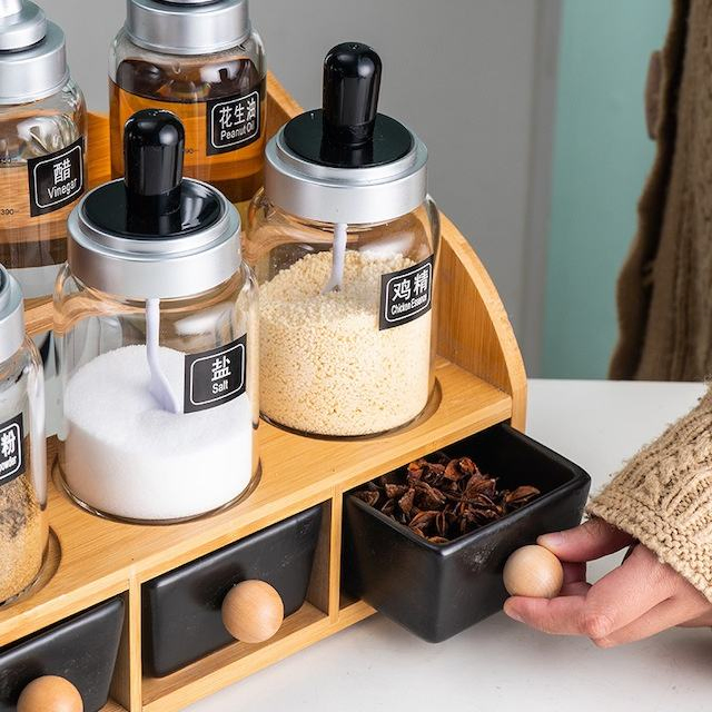 Kitchenware Bamboo Ceramic Condiment Seasoning Jar Glass Oil Bottle Storage Set