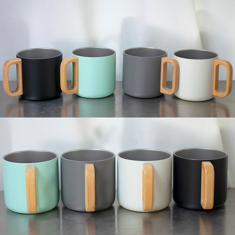 Double Wall Insulated Coffee Mug 10oz Bamboo Handle for Camping and Travel