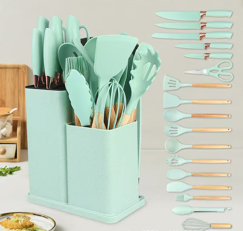19 PCS Kitchen Utensil Set Silicone Kitchenware Set Cuttings Board Storage with Wooden Handle Bucket Knife Kitchen Tool Heat Resistant Silicone Utensils