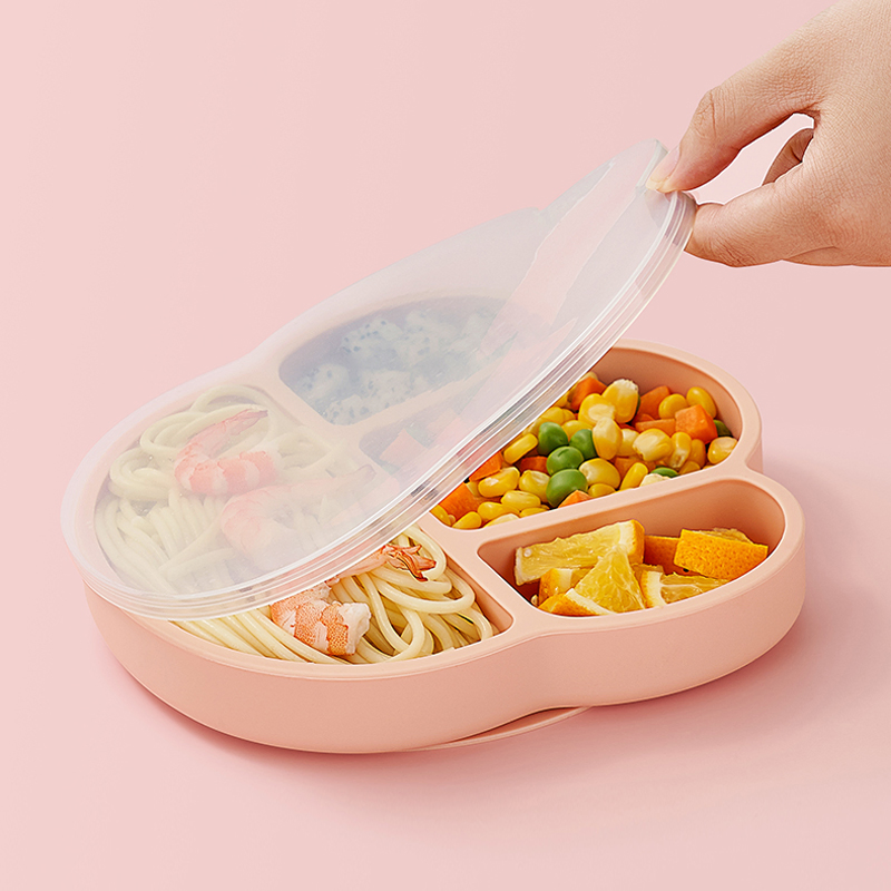 Baby Dinner Plate Sucker One-Piece Partition Plate Baby Silicone Straw Bowl Eating Training Spoon Children′ S Tableware Set