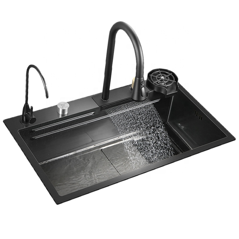 Factory Customised 304 Stainless Steel Single Kitchen Sink with Waterfall Faucet Regular Style Wire Drawing Gold Flying Rain Sink