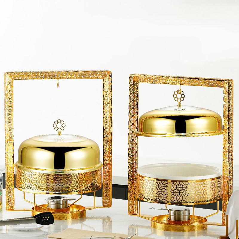 Luxury Ceramic and Stainless Steel Plate Catering Supplies with Gold Hanging Heating Food Warmer for Wedding Restaurant Hotel