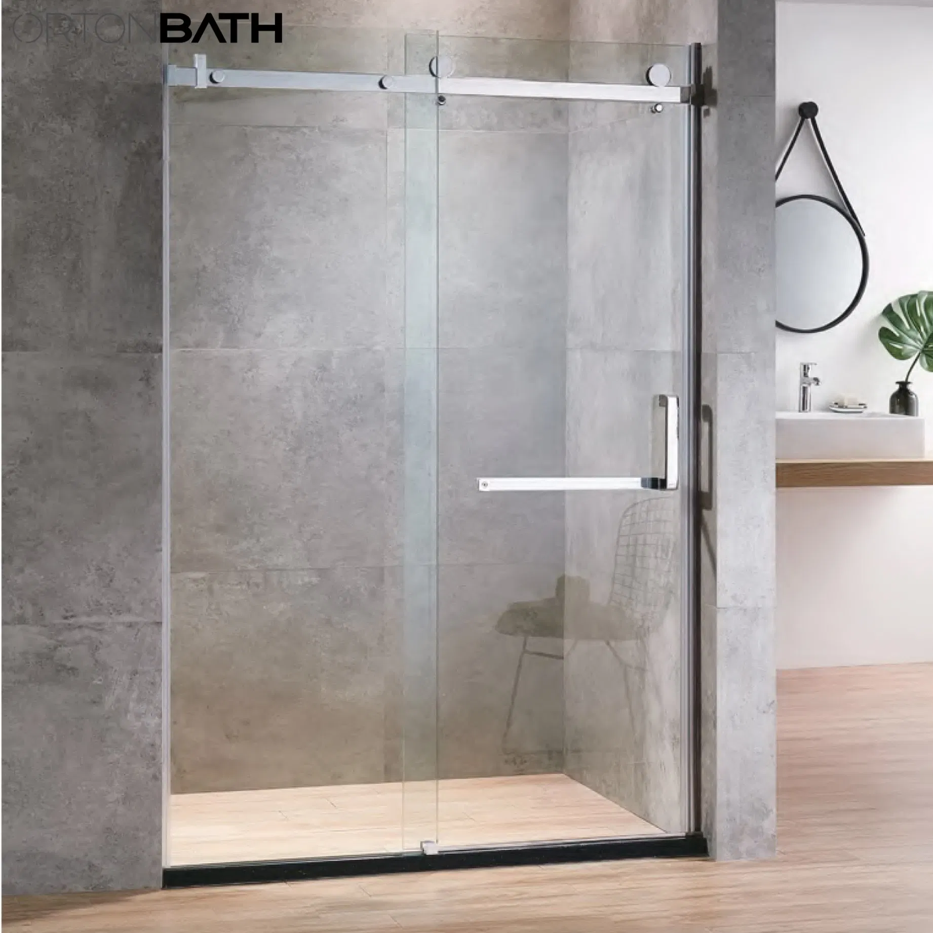 Ortonbath CE Certified Clear Transparent Framed Pivot Silver Thick Customizable Tempered Glass Bathroom Shower Enclosure with Support Frame and Aluminum Profile