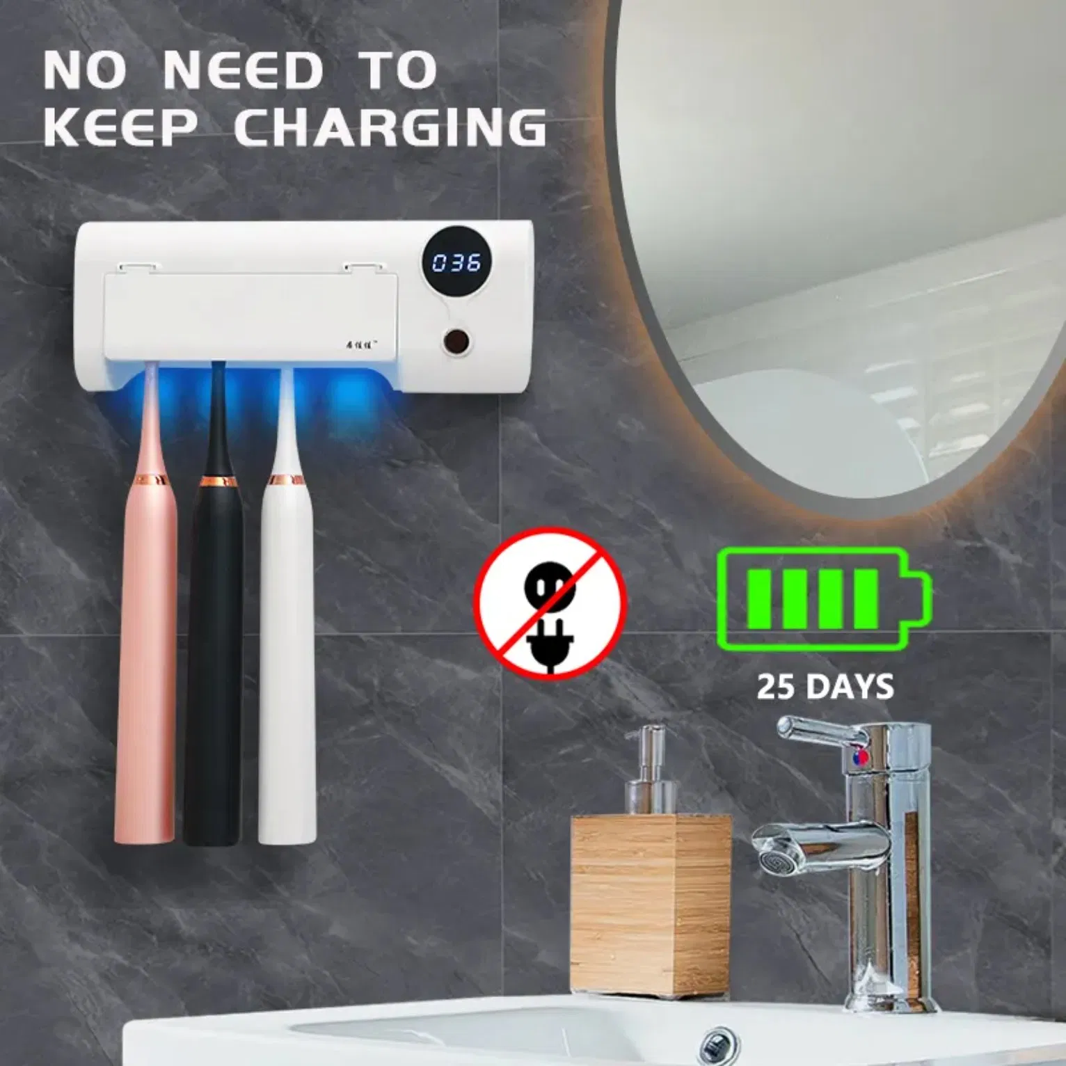 Toothbrush Holder with UV Sterilizer Rechargeable Electric Toothbrush Sanitizer with Air Dry & Display Timer 4 Slots for Family Use