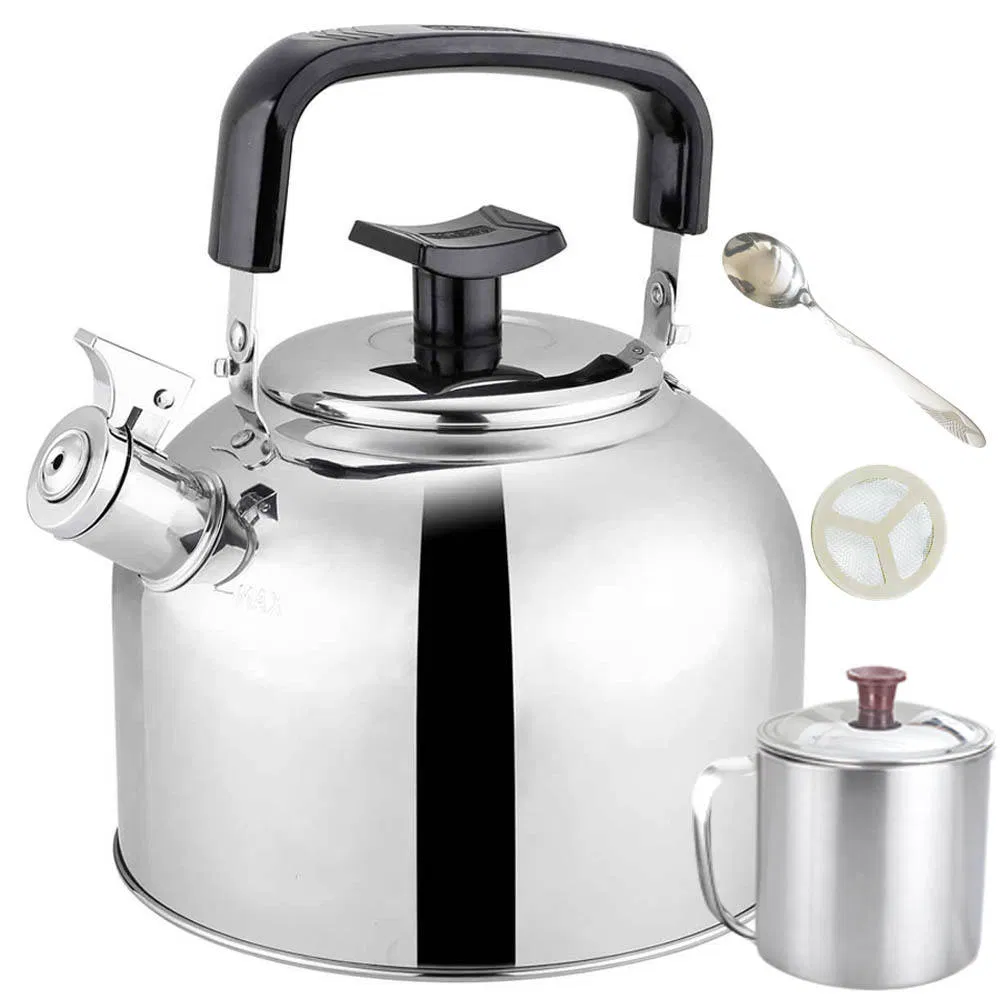 3-6L Japan Style Stainless Steel Whistling Kettle with Mug Spoon Cup Filter, for South America Like Chile, Bolivia, Peru Uruguay