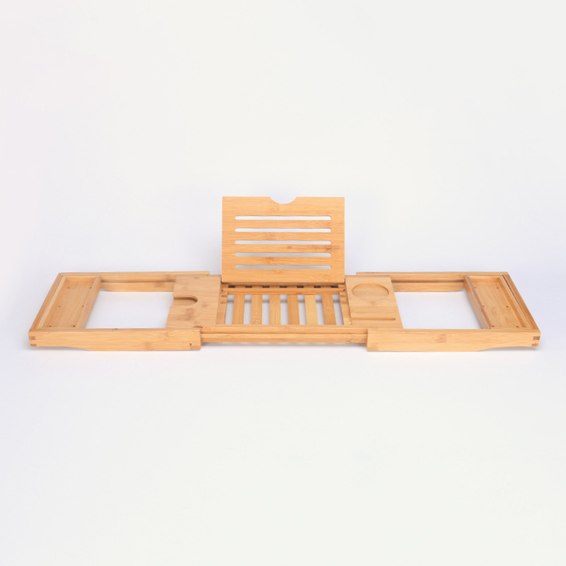 Expandable Bamboo Bath Caddy Tray with Wine Holder