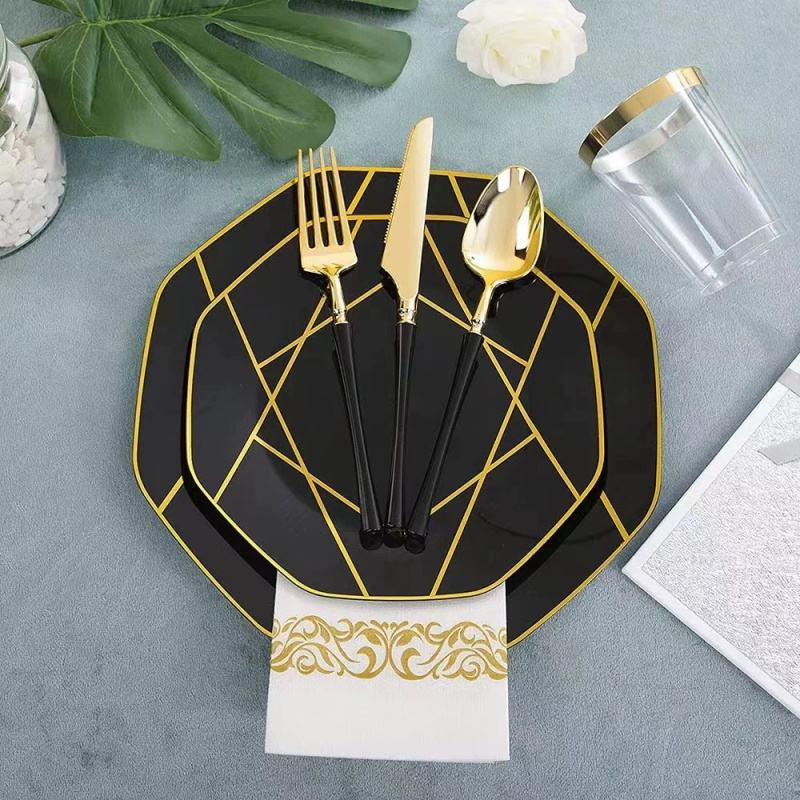Small Waist Design Handle Wedding Custom Birthday Party Cutlery Set Black Golden Restaurant Plastic Custom Cutlery Set