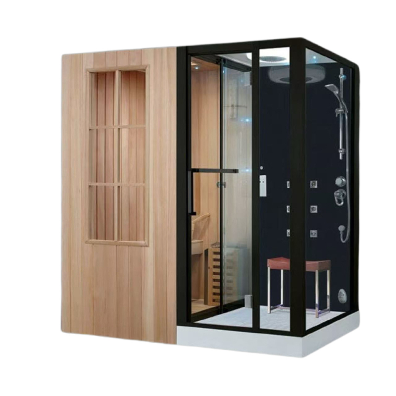 Минималистичная деревянная сауна-душ со встроенной скамьей