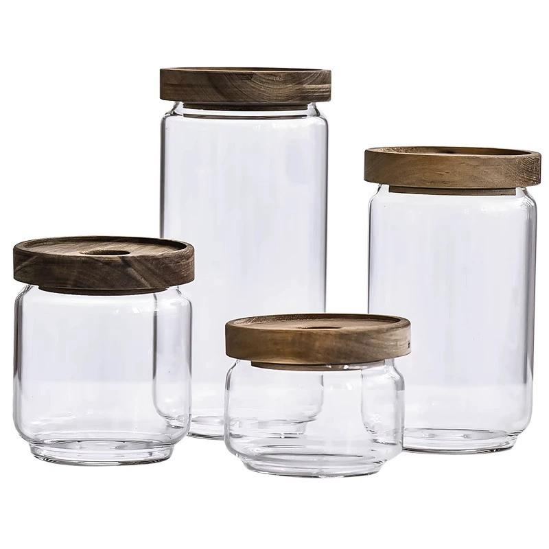 Best Selling Glass Spice Jars with Acacia Wood Lid Seasoning Storage Jar Set for Kitchen Use