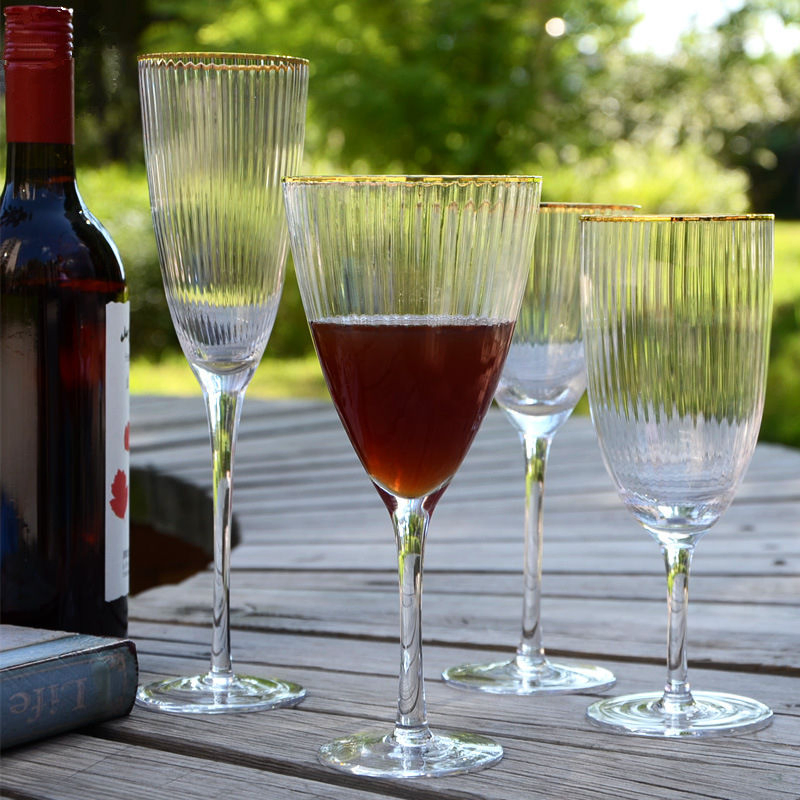 Transparent Gold Rim Champagne Red Goblet Wine Glass Set for Wedding