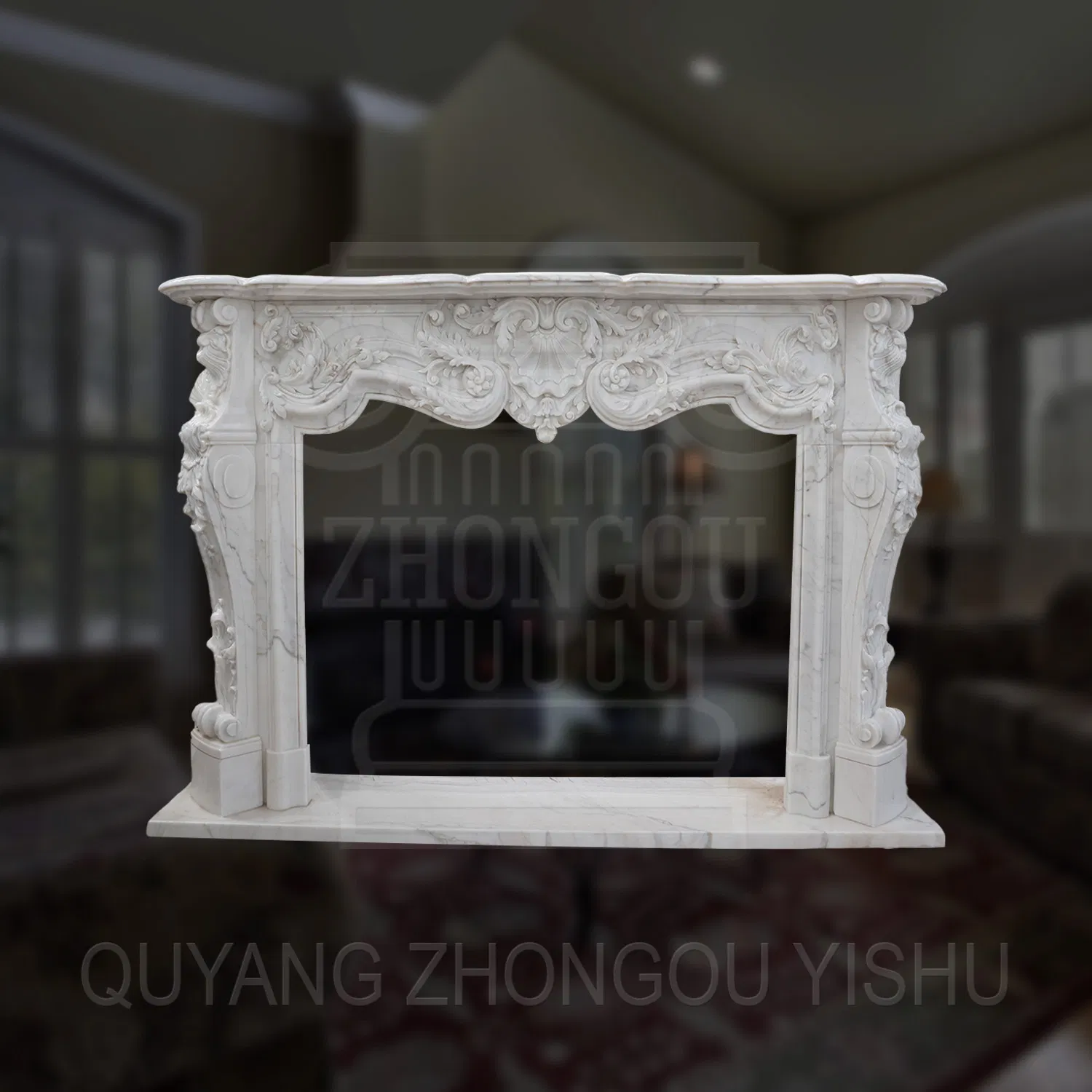 Majestic Dark Marble Fireplace Surround with Lion Sculpture