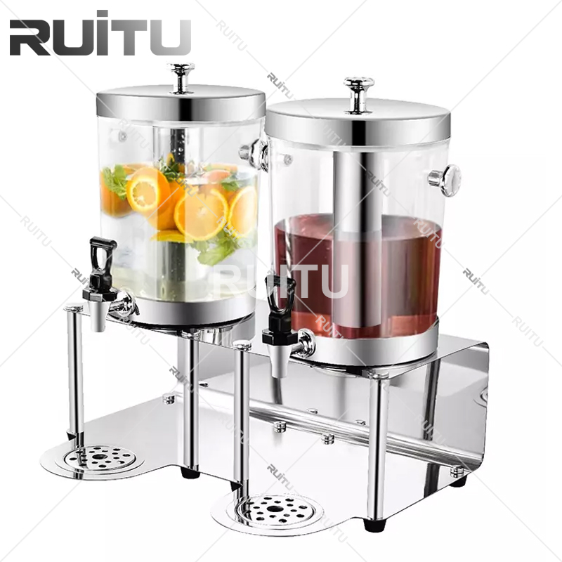 Hotel Restaurant Supplies Stainless Steel Cheap Plastic Drink Dispenser with Tap 2 Double Tank Portable Cold Party Drink Juice Beverage Dispenser