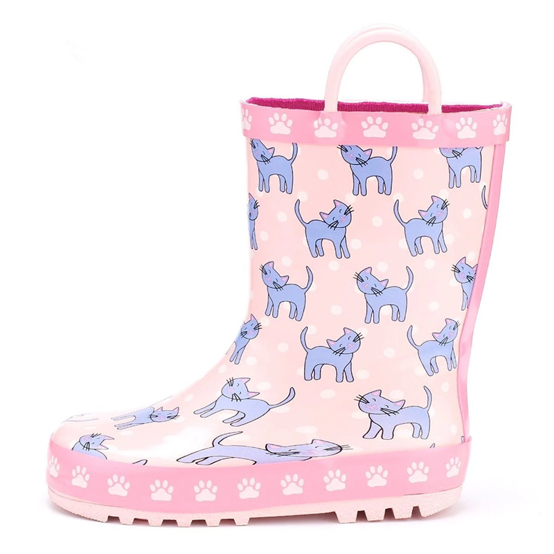 Waterproof Lovely Cat Printed with Handles Rain Boots for Kids