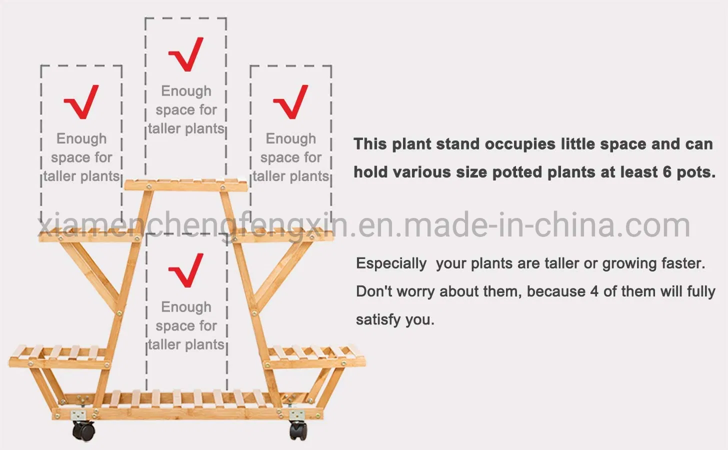 Bamboo Rolling 6 Tier Plant Stand Rack Multiple Flower Pot Holder Shelf Indoor Outdoor Planter Display Shelving Unit for Patio Garden Corner Balcony Living Room