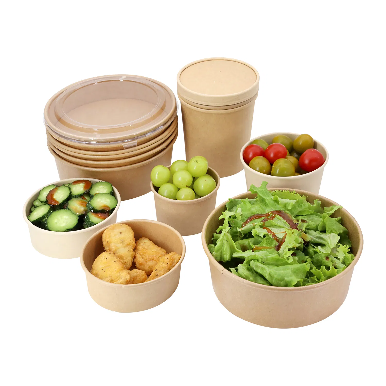 Custom Printed Round Disposable Fast Food Lunch Box to Go Takeout Takeaway Container Kraft Paper Bowl for Noodles Salad