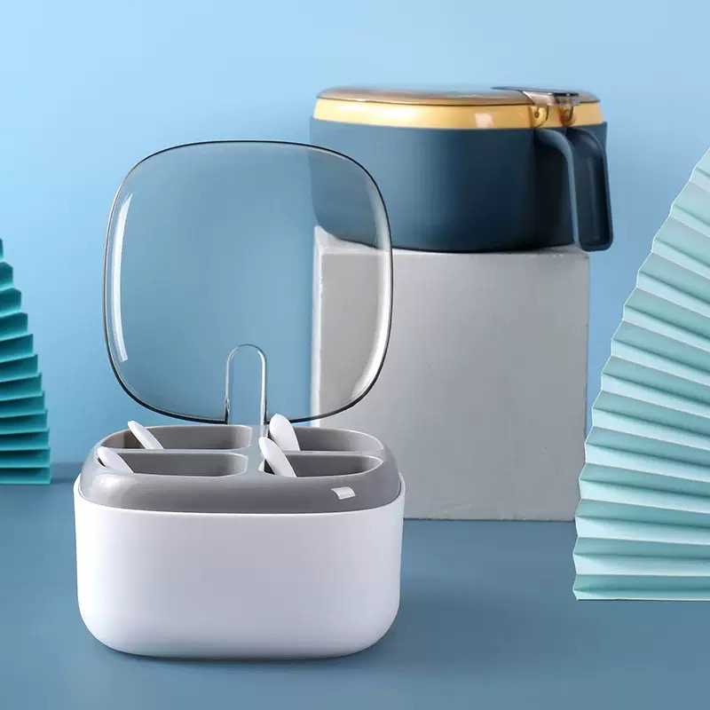 Four-Compartment Seasoning Box, Kitchenware, Color-Matching Transparent Lid with Spoon, Press-Type Seasoning Box