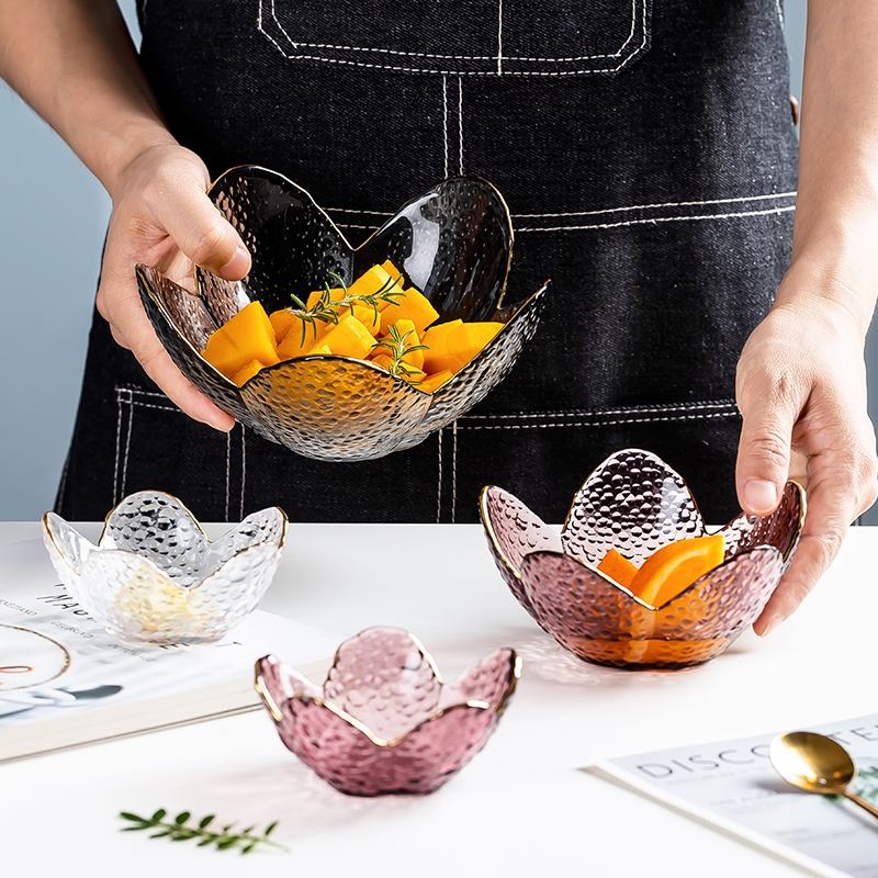 Golden Stroke Glass Bowl Embossed Fruit Salad Plate Lace Crystal Living Room Desktop Organizer Home Decoration Modern Ornaments