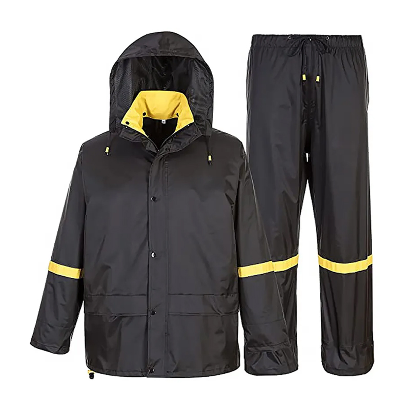 Black Jacket Trousers Waterproof Nylon PVC Coated Reflective Raincoat