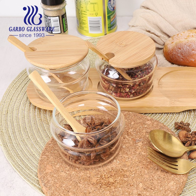 3PCS Set Hand-Made Borosilicate Storage Jar with Wood Lid Spoon