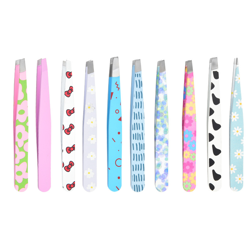 Custom Printed Slanted Tips Cosmetic Beauty Brow Eyelash Tweezers with Pattern Designs