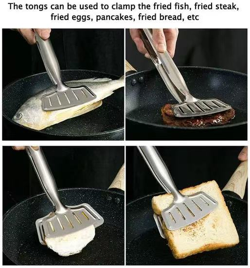 Pizza Clip Premium Stainless Steel Bread Clip Fish Frying Gripper, Multipurpose Turner Flipper Barbecue Tongs Turner Fried Steak Clamp Steak Clamps W19_17