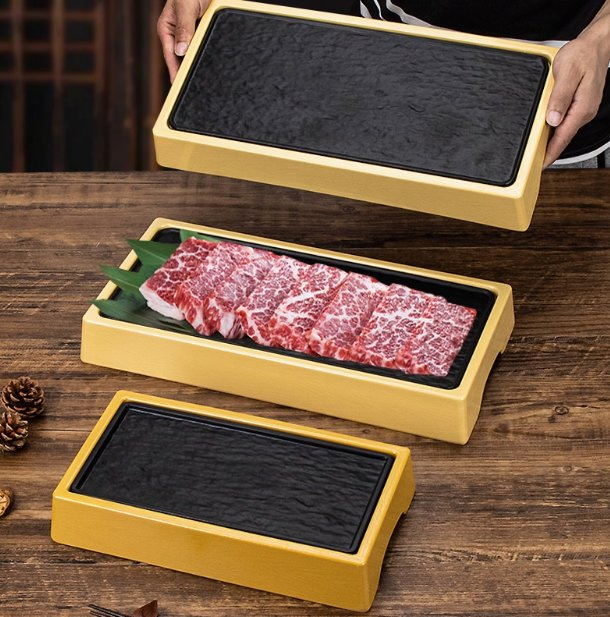Melamine Black Dinnerware Sushi Platter Serving Tray for Steak M9 Wagyu Plate