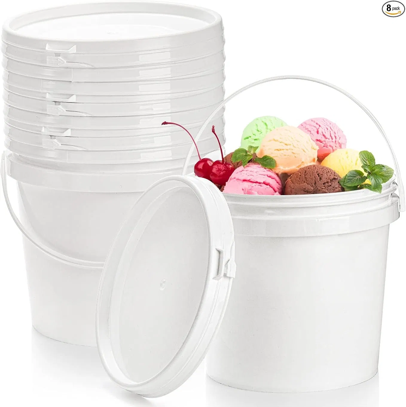White Round Plastic Containers with Lid and Handle for Food Storage
