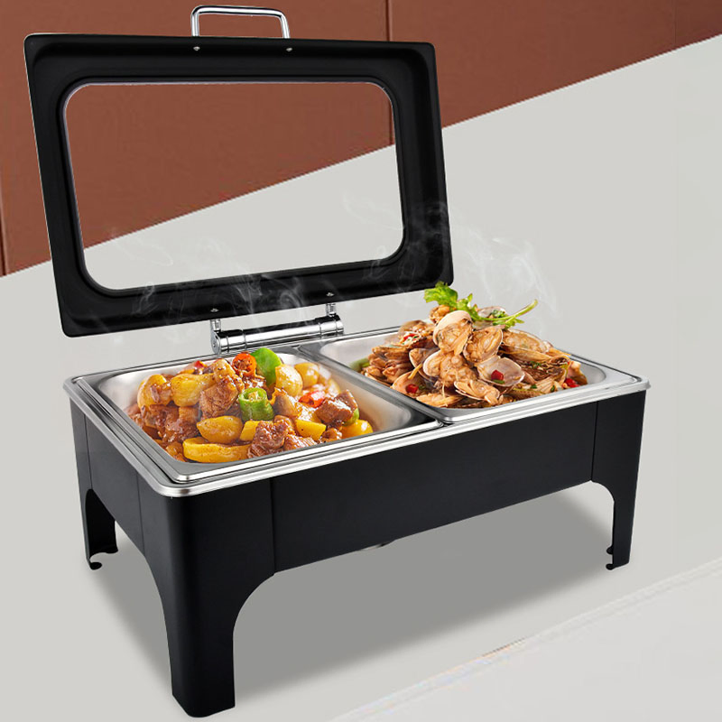 9L Stainless Steel Black Buffet Stove Hydraulic Cover Breakfast Heating Insulation Commercial Hotel Restaurant Chafing Dish