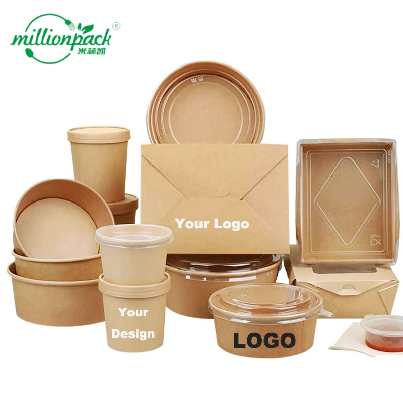 Wholesale Disposable Kraft Paper Lunch Box Takeaway Food Container with Lid Custom Packaging