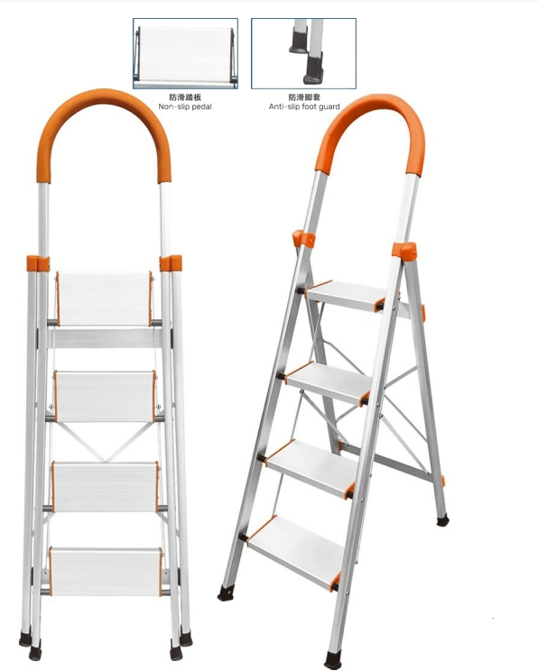 D-Shaped Armrest Ladder Household Aluminum Folding Ladder (with orange anti-slip sponge handrails, foot covers, reinforcement strips)