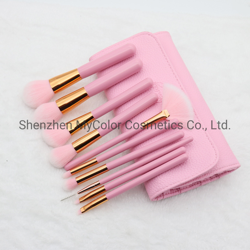 Custom Logo Makeup Brushes 10PCS Pink Brush Set Powder Fan Eyelash Curler Brush Maquiagem