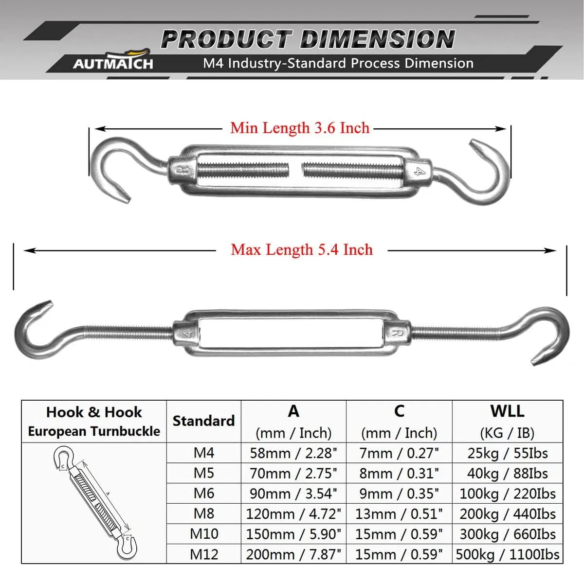 C to C Turnbuckle 304 Stainless Steel Hardware Kit for Wire Rope Tension Heavy Duty M6 Hook & Hook Turnbuckle