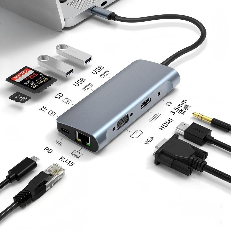 USB-C to HDMI/VGA Splitter with RJ45100m Adapter, 3.5mm Audio, 9-in-1 Multi-Screen Display Dock