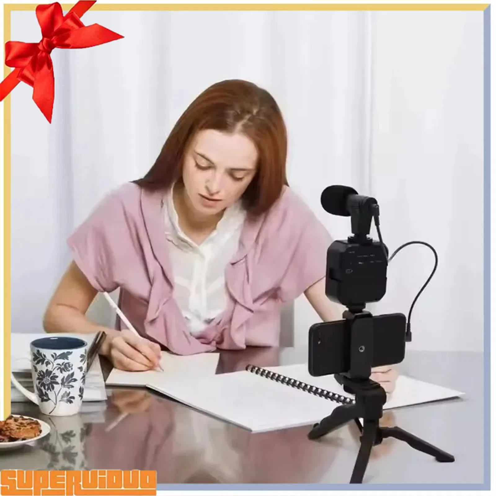 Mini Mobile Tripod Stand Vlogging Kit LED Fill Light Microphone Phone Holder for Live Streaming Video Camera Smartphone Selfie Stick with Remote