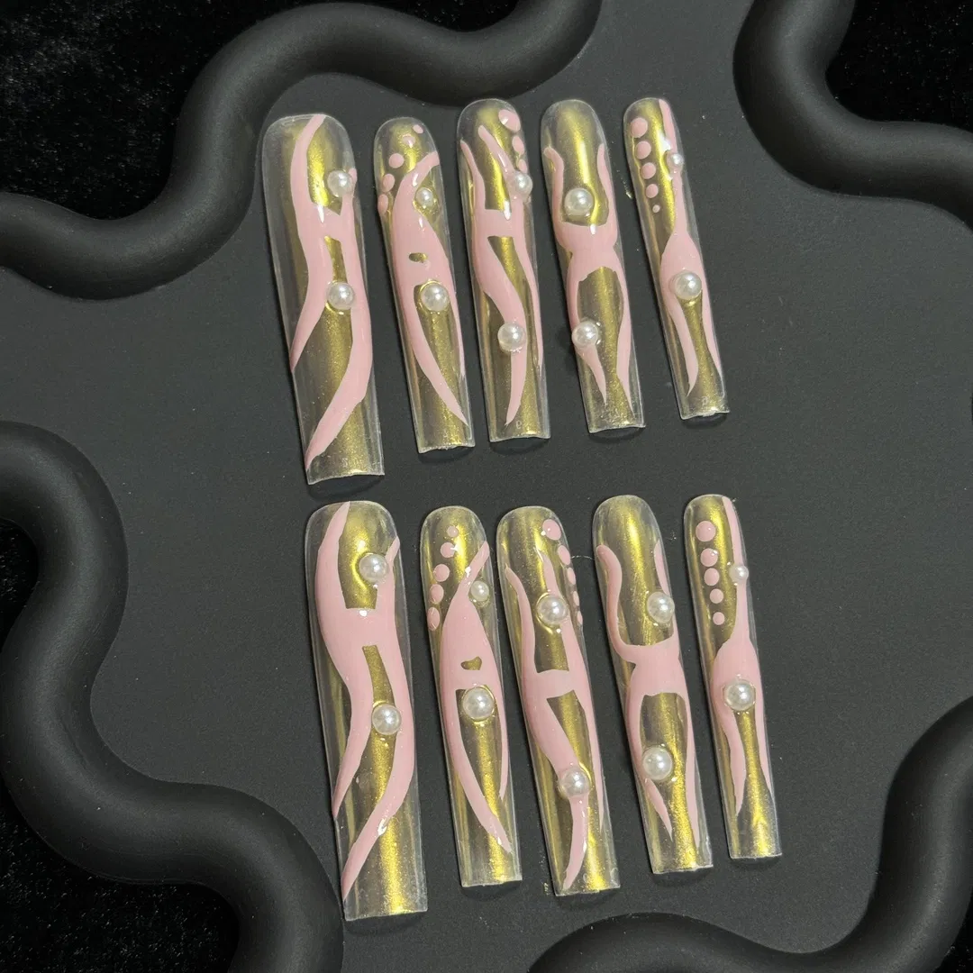 Handmade Painted Pink Pearl Finger Nail ABS Full Cover False Nail Kit Artificial Fake Press on Nails Art