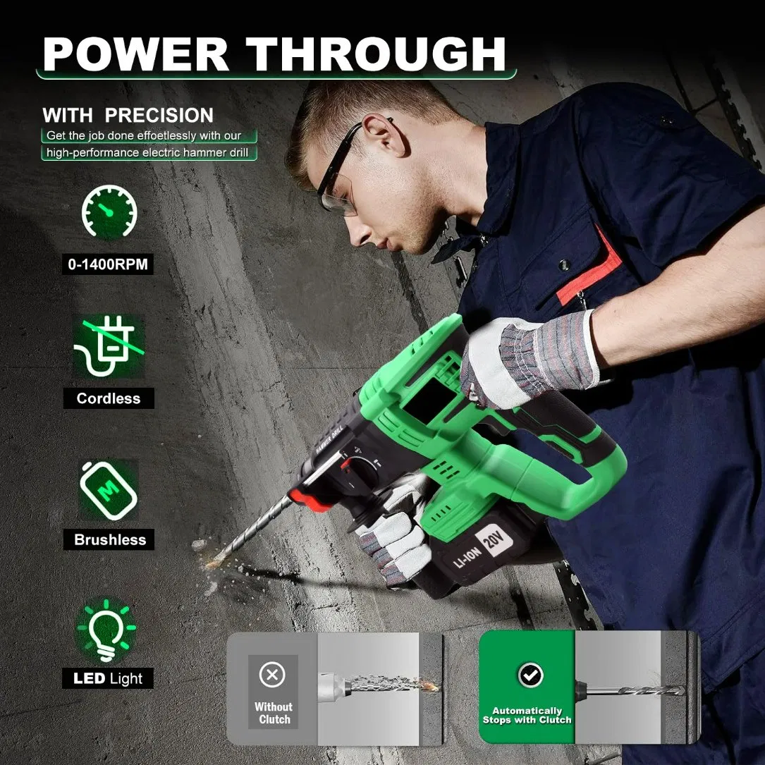 20V Cordless Hammer Drill, Electric Rotary Hammer for Demolition and Drilling, Support OEM/ODM