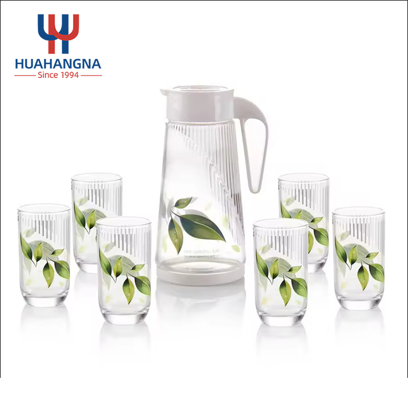 7PCS Custom Logo Flower Juice Beverage Glass Drinking Set with Thermal Transfer Flower Iced Tea Water Pitcher Glass Jug and Cup Set