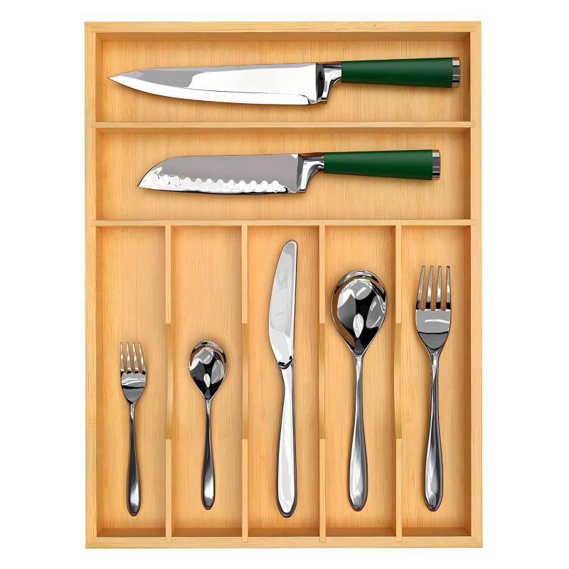 Bamboo Kitchen Drawer Cutlery Tray and Silverware Organizer with Grooved Drawer Dividers